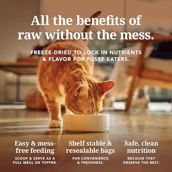 Feline Natural Freeze Dried Cat Food - Grain-Free and High Protein Cat Food from New Zealand, Complete Meal or Topper for Kittens, Adults, and Senior Cats, Chicken and King Salmon, 320g