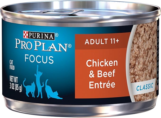 Purina Pro Plan High Protein Senior Wet Cat Food Pate, SENIOR 11+ Chicken & Beef Entree - (Pack of 24) 3 Oz. Pull-Top Cans