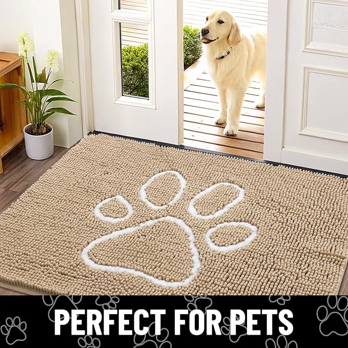 Smiry Dog Door Mat for Muddy Paws, Absorbent Dirt Trapper Non Slip Quick Dry Washable Chenille Mat for Mud Dogs, Entry Rug for Indoor and Outdoor (47x24 Inches, Beige and White)