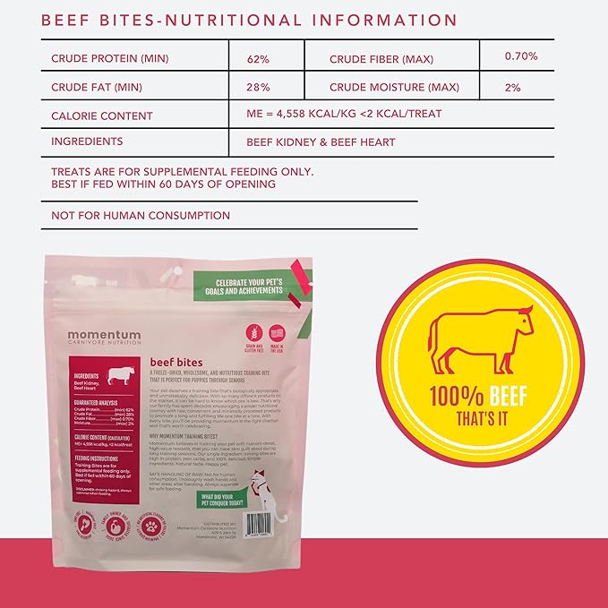 Momentum Carnivore Nutrition Freeze-Dried Beef Training Bites – Two Ingredients-Beef Kidney and Heart, Grain-Free, All-Natural Dog Treats –Made in USA – Perfect for Training & Rewards- 2.5 oz Bag