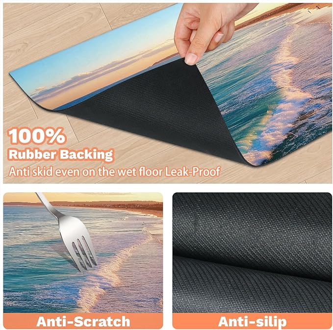 Ocean Beach Dog Food Mat for Floors Absorbent, Quick Dry Water Dispenser Mat for Food, Water, Pet Supplies 17" x 30", Teal Blue Coastal
