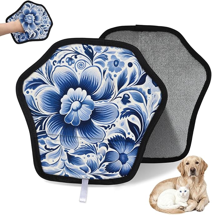Blue White Flowers Electrostatic Pet Hair Removal Glove for Cats & Dogs - Reusable Grooming Mitt for Couch, Carpet, Car Seat & Laundry - Large 9x9 Inch