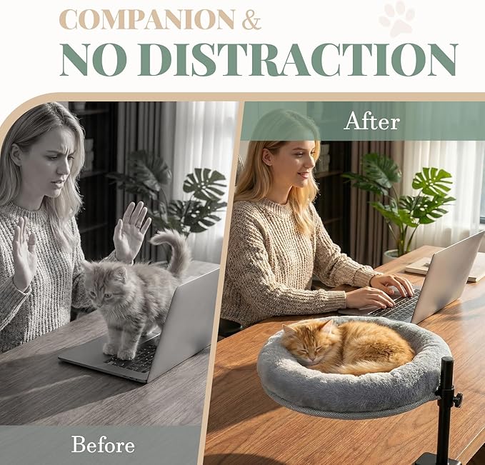 Cat Desk Bed with Clamp – Adjustable Height & 360° Rotation Desk Cat Hammock Perch, Space-Saving Cat Bed with Removable Washable Cushion for Home Office & Remote Work Cat Owners on Small Apartments
