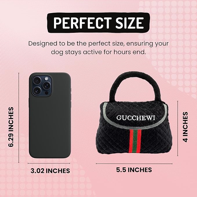 Dog Diggin Designs Gucchewi Striped Plush Dog Toy Purse | Luxury-Inspired Parody Designer Handbag with Squeaker, Soft Plush Fashion Dog Toy – Haute Couture Purses & Handbags