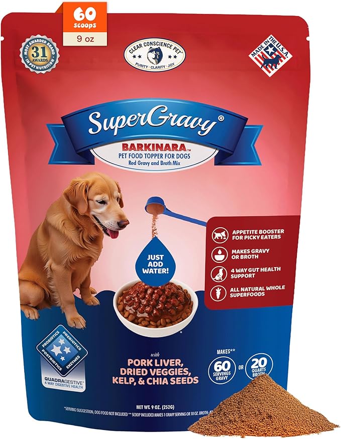 CLEAR CONSCIENCE PET® Barkinara™ SuperGravy® Natural Dog Food Gravy Topper, Hydration Broth Mix, Gluten and Grain Free Kibble Seasoning Powder Topper for Picky Eaters (9 oz. (60 Scoop))