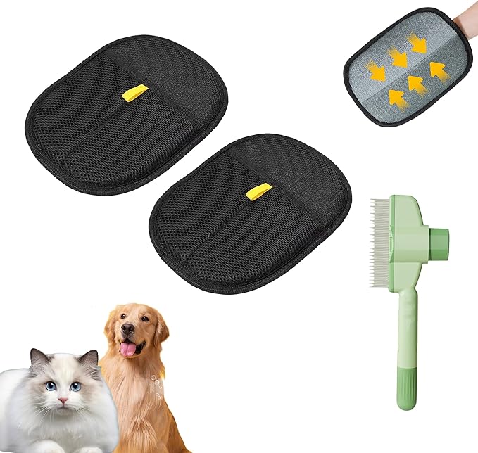 2 Pack Pet Hair Remover, 2025 Upgrade Resuable Electrostatic Pet Hair Remover Gloves for Couch, Carpet, Furniture,Double Sided Cat Grooming Glove for Cat & Dog with Brush Set