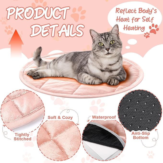 2 Pcs Self Warming Cat Mat Round Self Heating Pad Bed Reversible Machine Washable Heated Bed Anti Slip Warming Pad Pet Mat for Cat Crate Indoor Outdoor(Pink,16 Inch)