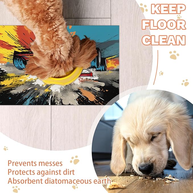 Race Car Dog Food Mat for Floors Absorbent, Quick Dry Water Dispenser Mat for Food, Water, Pet Supplies 16" x 24", Cool Car