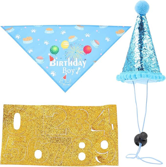 Toyvian Dog Birthday Hat and Bandana Set, 3pcs Blue Party Supplies, Lightweight Pet Birthday Accessories for Puppies and Small Dogs