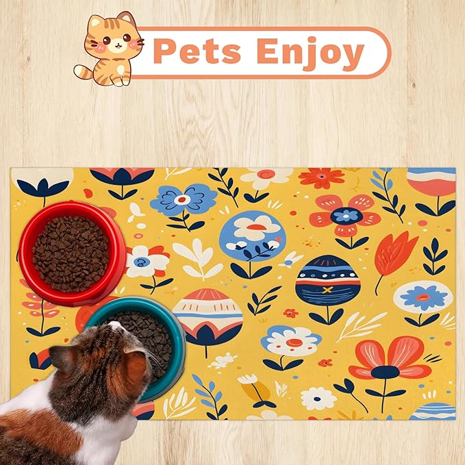 Spring Easter Dog Food Mat for Floors Absorbent Dog Bowl Mat for Food and Water Dispenser Quick Dry Cat Food Placemat Pet Supplies 17" x 30", Egg Flower