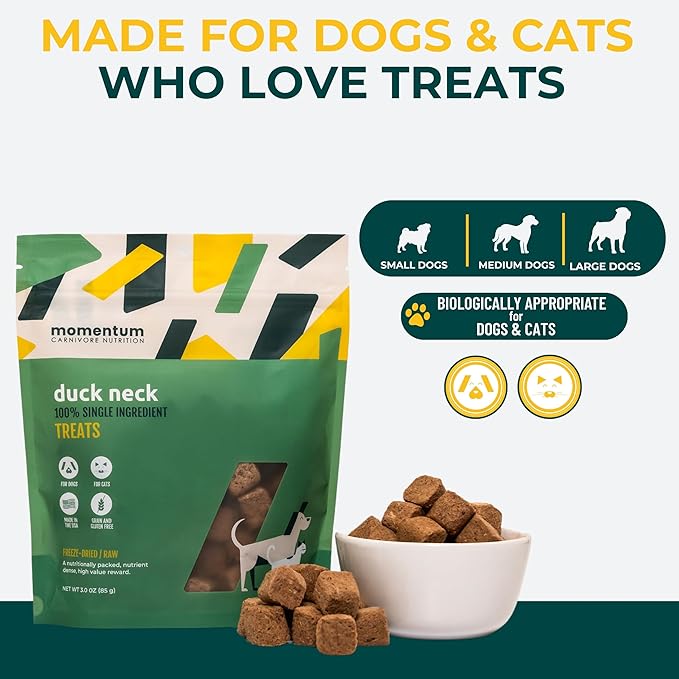 Momentum Carnivore Nutrition Freeze-Dried Duck Neck Dog Treats & Cat Treats – Single-Ingredient, High-Protein, Grain-Free, Natural Crunchy Chew – Made in USA – 3 oz Bag