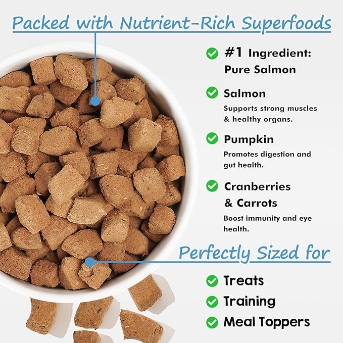 Freeze-Dried Salmon Dog Treats with Omega-3, Skin & Coat Health Soft Cubes, Single-Protein Limited Ingredient Diet, 2cm Easy Chew Size, Grain-Free Resealable Bag 6oz