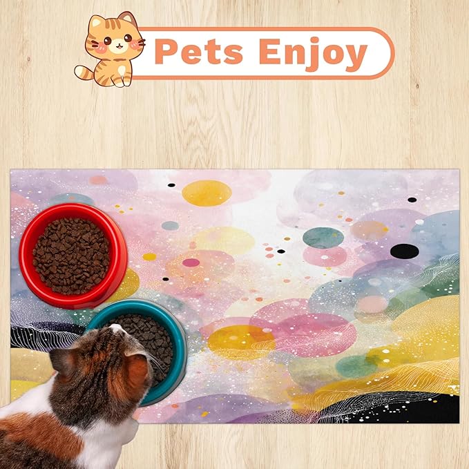 Polka Dot Dog Food Mat for Floors Absorbent Dog Bowl Mat for Food and Water Dispenser Quick Dry Cat Food Placemat Pet Supplies 24" x 32", Boho Circle