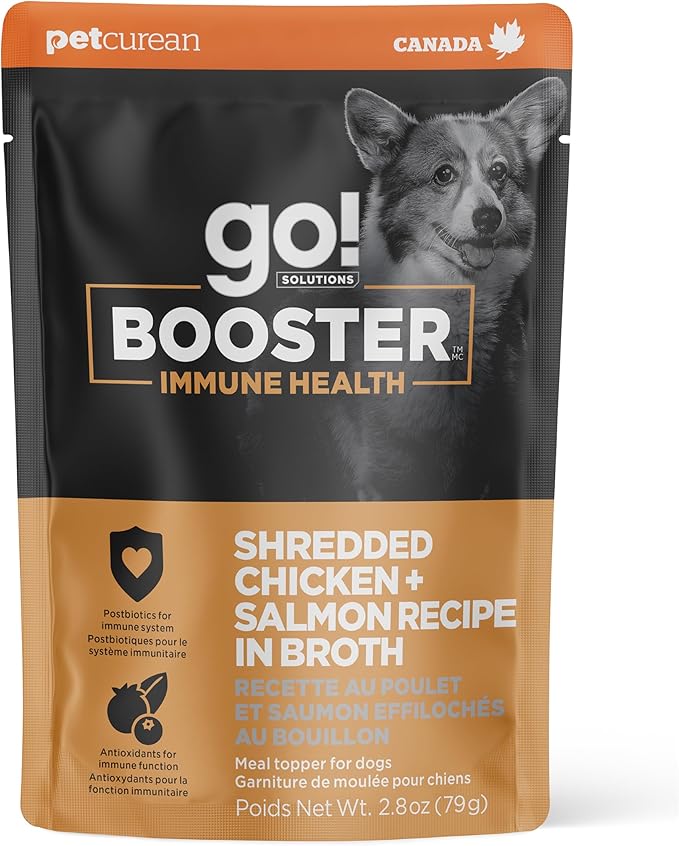 Go! Solutions Booster Immune Health Shredded Chicken + Salmon in Broth Gravy Topper for Dry Food, Real Meat Wet Dog Treat for Healthy Immunity in Puppies, Adults, & Seniors, 2.8 oz Pouch (12 Pack)