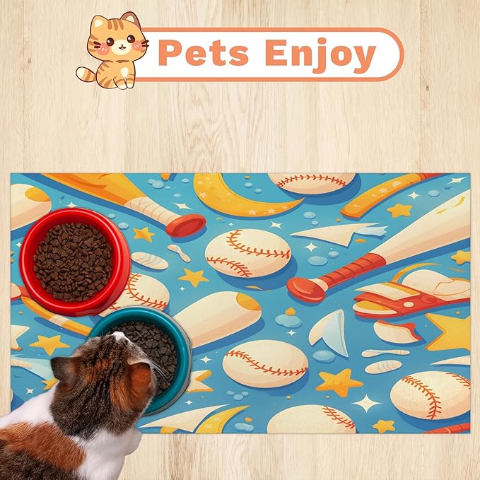 Baseball Dog Food Mat for Floors Absorbent, Quick Dry Water Dispenser Mat for Food, Water, Pet Supplies 16" x 24", Sports Ball
