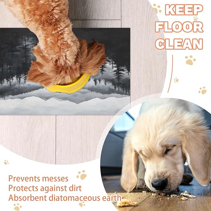 Misty Forest Dog Food Mat for Floors Absorbent, Quick Dry Water Dispenser Mat for Food, Water, Pet Supplies 16" x 24", Nature Woodland