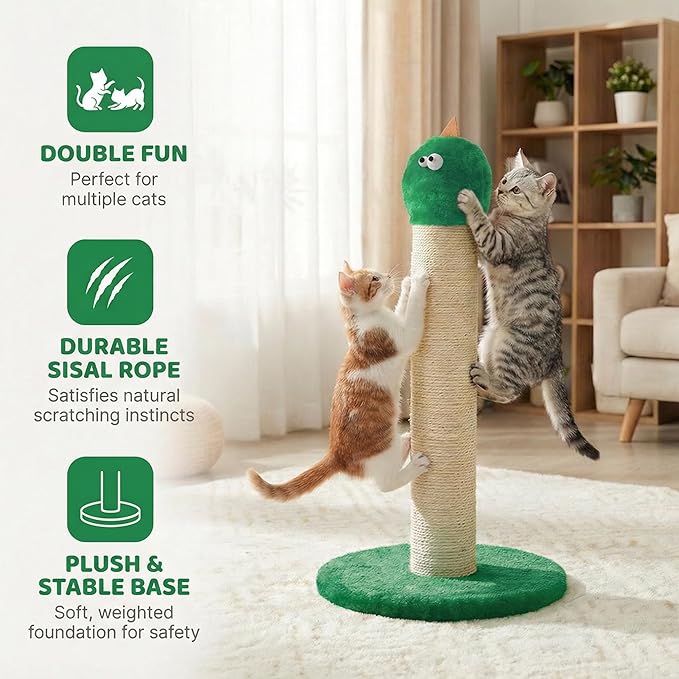 Cat Scratching Post, 22'' Cat Scratchers Tree Tower for Indoor Kitty with Extra Wide 12" Stable Base, Scratching Post with Natural Sisal & Velvet Fabric for Small, Medium Cat, Green