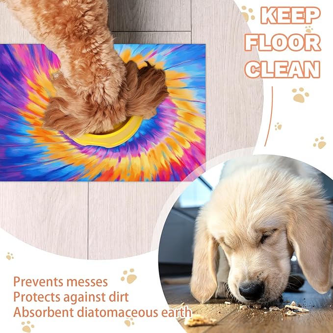 Tie Dye Dog Food Mat for Floors Absorbent, Quick Dry Water Dispenser Mat for Food, Water, Pet Supplies 17" x 30", Watercolor Rainbow