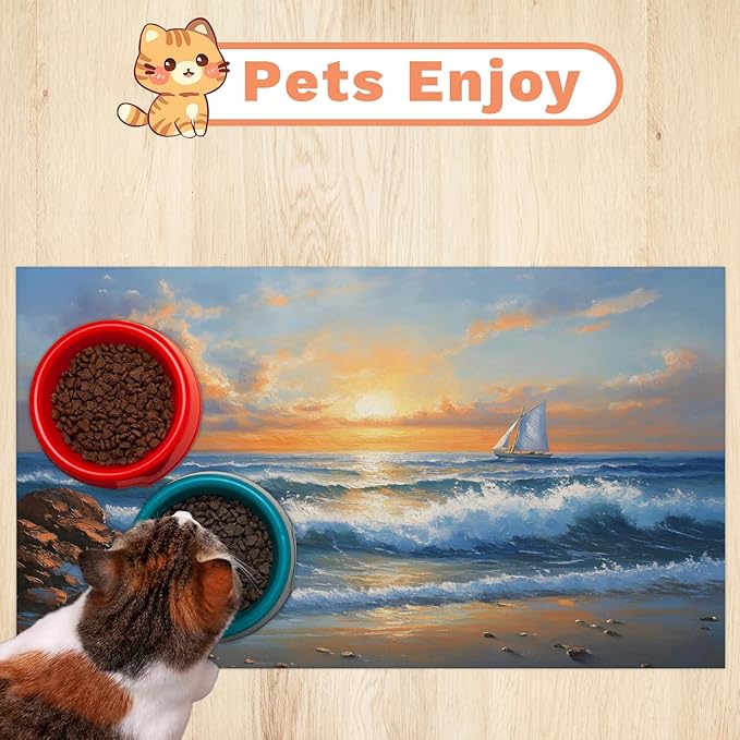 Beach Sunshine Dog Food Mat for Floors Absorbent, Quick Dry Water Dispenser Mat for Food, Water, Pet Supplies 24" x 32", Hawaii Seashore