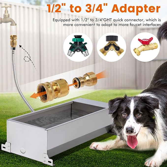 Automatic Large Dog Water Bowl Dispenser Outdoor Stainless Steel Automatic Livestock Water Trough Large Capacity Auto Fill Dog Waterer with Float Valve, for Chicken Geese Duck Goat Pig