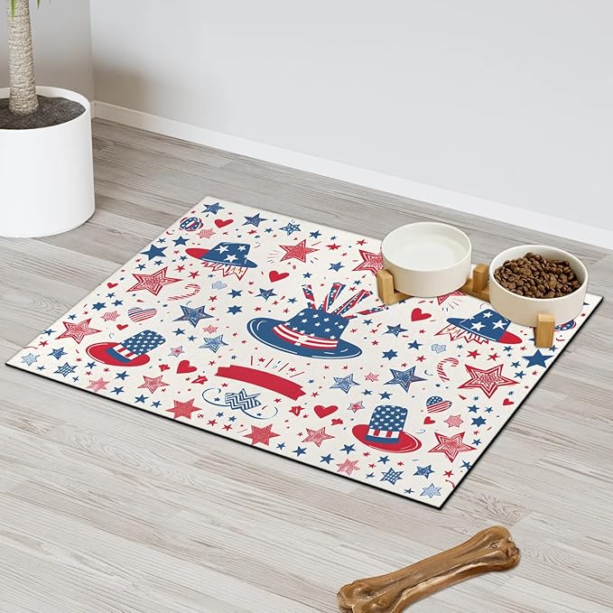 4th of July Dog Food Mat for Floors Absorbent Dog Bowl Mat for Food and Water Dispenser Quick Dry Cat Food Placemat Pet Supplies 12" x 20", American Star