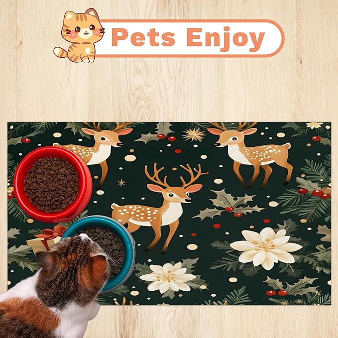 Cute Deer Dog Food Mat for Floors Absorbent, Quick Dry Water Dispenser Mat for Food, Water, Pet Supplies 17" x 30", Christmas Flower