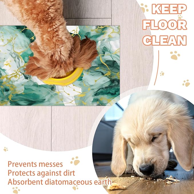 Marble Dog Food Mat for Floors Absorbent, Quick Dry Water Dispenser Mat for Food, Water, Pet Supplies 17" x 30", Green Gold Abstract