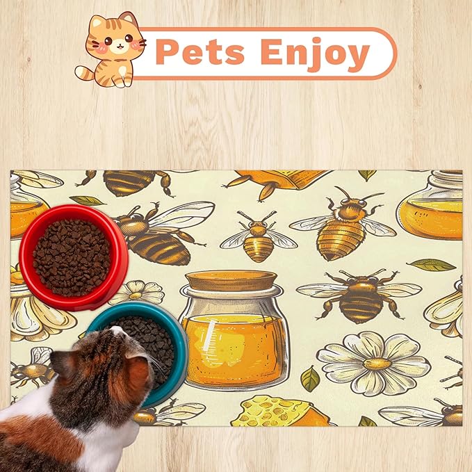 Honey Bee Dog Food Mat for Floors Absorbent, Quick Dry Water Dispenser Mat for Food, Water, Pet Supplies 17" x 30", Daisy Flower