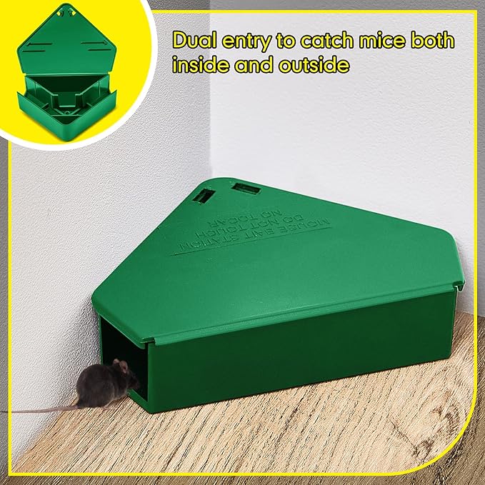 Qualirey Mice Station with Key Triangle Mouse Station Reusable Rodent Trap Box, Keeps Children and Pets Safe Indoor & Outdoor Suitable for Small Mice(Green,24 Pcs)