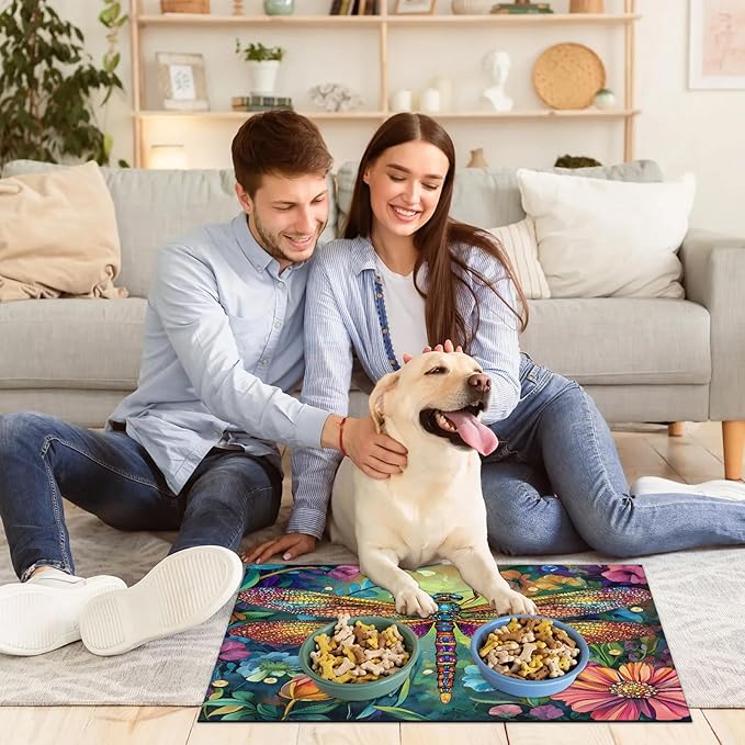 Dragonfly Dog Food Mat for Floors Absorbent, Quick Dry Water Dispenser Mat for Food, Water, Pet Supplies 24" x 32", Wildflower