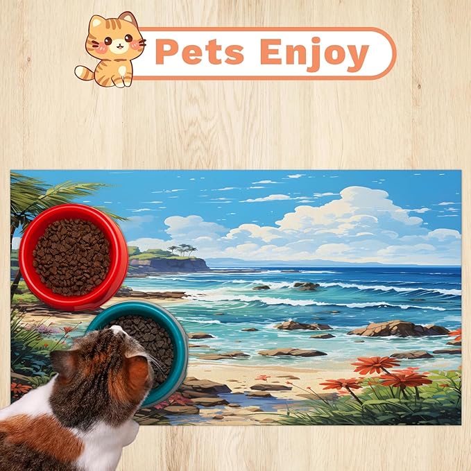 Ocean Beach Dog Food Mat for Floors Absorbent, Quick Dry Water Dispenser Mat for Food, Water, Pet Supplies 24" x 32", Tropical Palm Tree