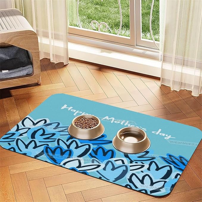 Pet Feeding Mat Happy Mother's Day Floral Gift Mom Blue Heart Dog Food Mat for Food Water No Stains Quick Dry Dispenser Cat Bowl Mats for Messy Drinkers 18X12In