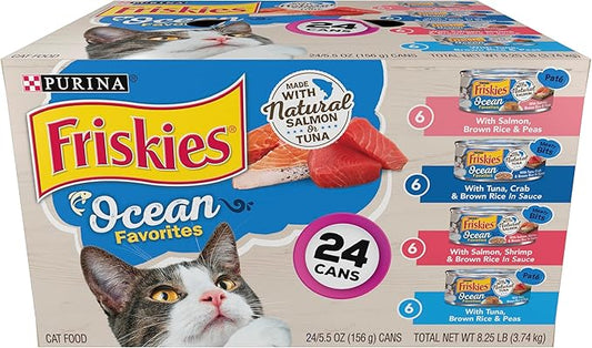 Purina Friskies Ocean Favorites Wet Cat Food Pate and Meaty Bits Variety Pack With Salmon and Tuna - (Pack of 24) 5.5 oz. Cans