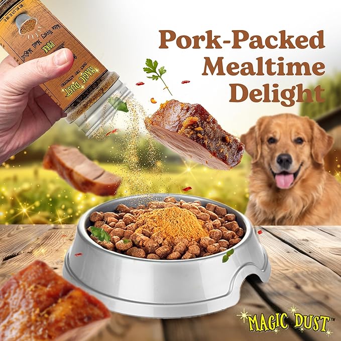 Wild Meadow Farms - Magic Dust Pork Jerky Topper, Single Protein Pet Food Topper for Dogs & Cats, Enhance Flavor & Elevate Mealtime Excitement for Picky Eaters - 3.5 Ounce Bottle in Pork Flavor
