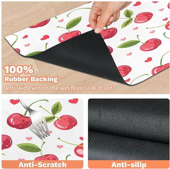 Cherry Fruits Dog Food Mat for Floors Absorbent Dog Bowl Mat for Food and Water Dispenser Quick Dry Cat Food Placemat Pet Supplies 24" x 32", Boho Fruit