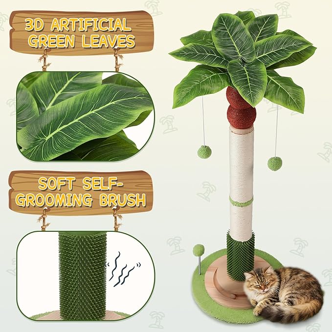 41'' Tall Cat Scratching Post,3.3'' Wide Sisal Rope Scratching Post for Indoor Adults Kittens,Cat Scratcher Tree with Stable Solid Wood Base Interactive Ball Toys Self Groomer Brush for Large Cats