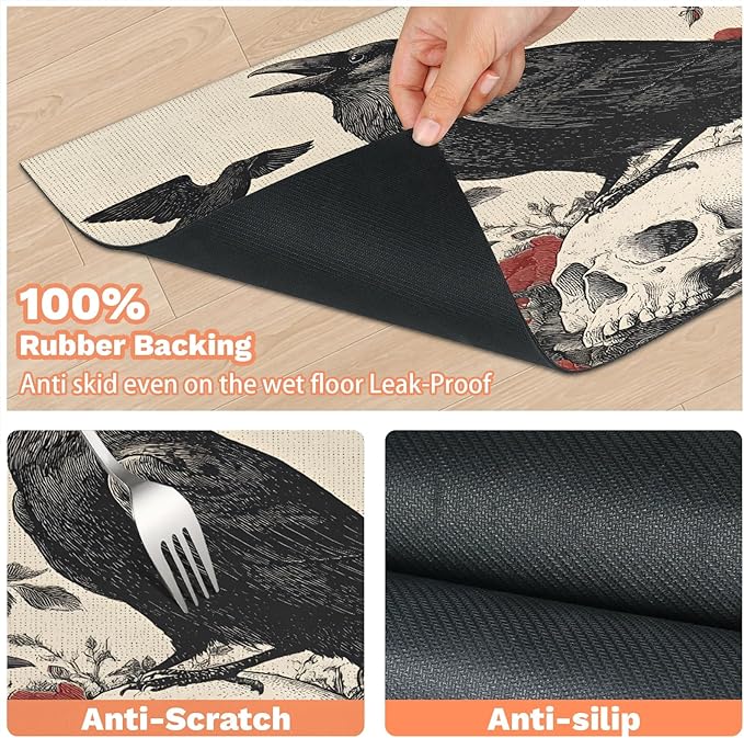 Halloween Crow Dog Food Mat for Floors Absorbent, Quick Dry Water Dispenser Mat for Food, Water, Pet Supplies 17" x 30", Skull Floral
