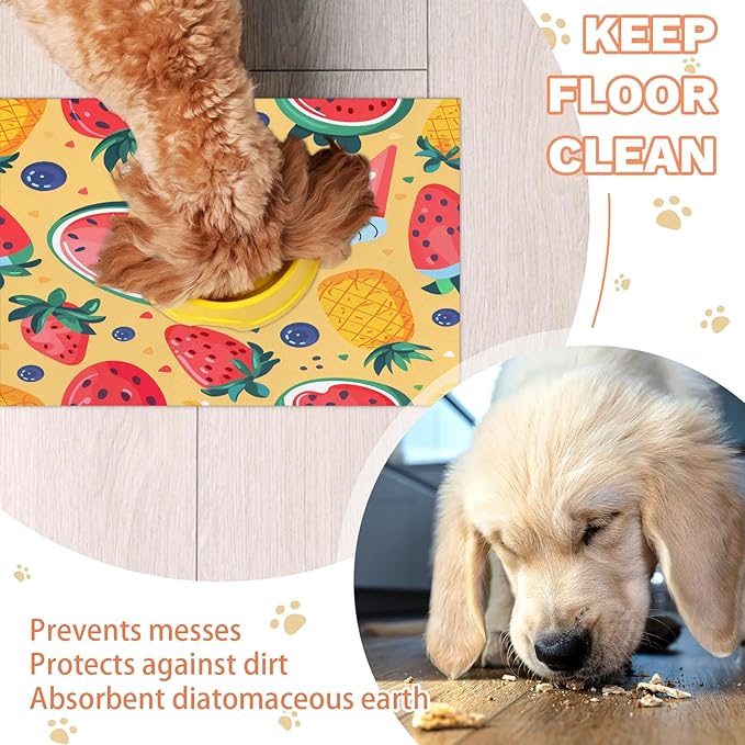 Ice Cream Dog Food Mat for Floors Absorbent Dog Bowl Mat for Food and Water Dispenser Quick Dry Cat Food Placemat Pet Supplies 12" x 20", Watermelon Strawberry