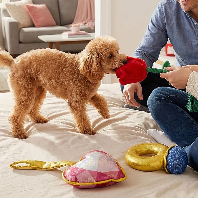 Vehomy Valentine's Day Dog Toys Set- Puppy Diamond Ring Toy with Squeaker Dog Crinkle Rose & Squeaky Love Heart Toys 3-Pack Valentines Pet Toy for Small Medium Dogs
