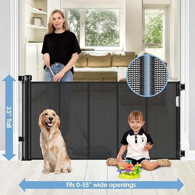 Reinforced Retractable Baby Gates with Support Rods, Extends up to 55” Wide, Retractable Dog Gate for Doorways Prevent Bottom Crawling Through, Mesh Pet Gate for Stairs Indoor Outdoor, Black