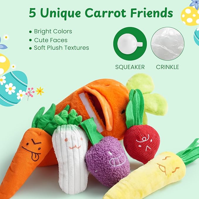 Nocciola Easter Plush Carrot Dog Toy Set – Spring Hide & Seek 5 Mini Carrots Inside a Large Plush Carrot with Squeaky & Crinkle Sounds for Small to Large Breed for Dogs