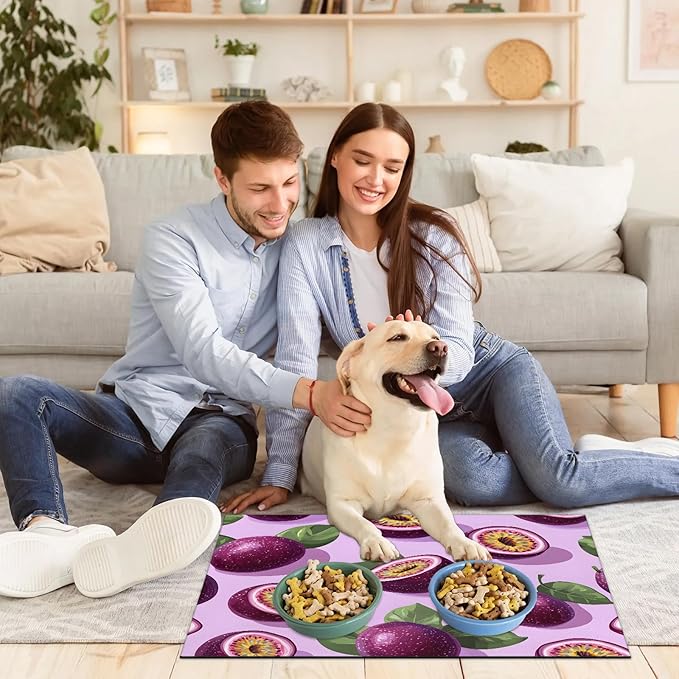 Passion Fruit Dog Food Mat for Floors Absorbent Dog Bowl Mat for Food and Water Dispenser Quick Dry Cat Food Placemat Pet Supplies 16" x 24", Tropical Fruit