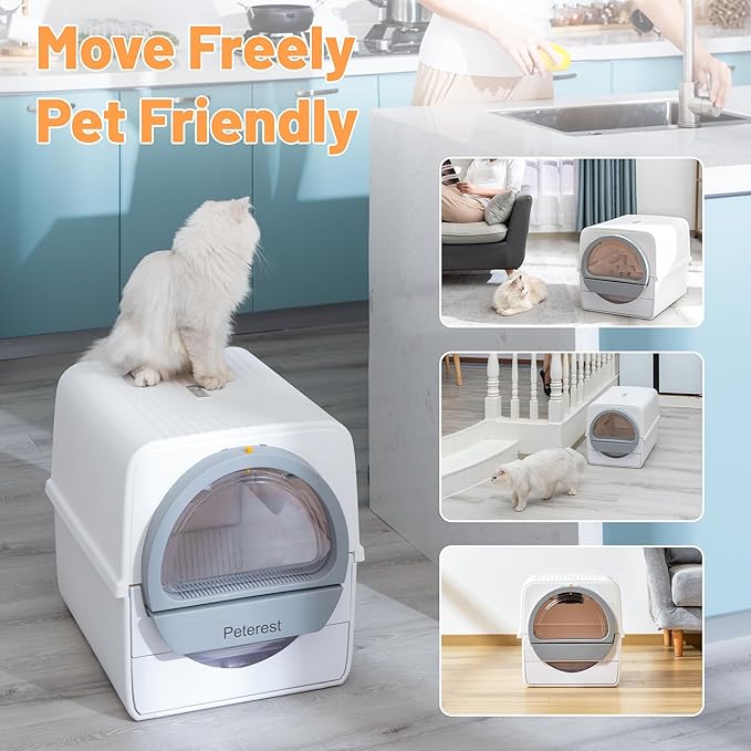 Large Self Cleaning Cat Litter Box for Multiple Cats, Semi Auto Kitty Litter Box with Lid, NoSmell Pull and Scoop Self Cleaning, White & Grey