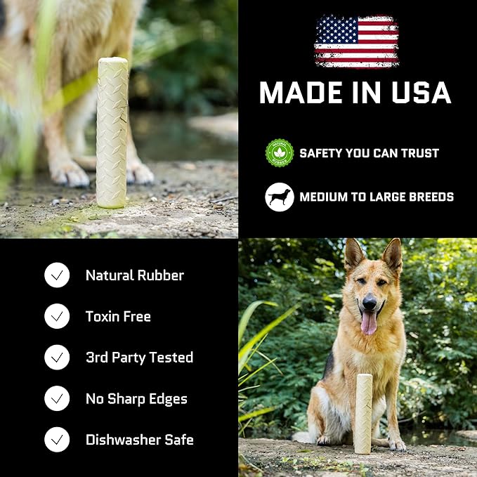 Monster K9 Indestructible Natural Series Chew Stick - Backed for Life - No Color Additives, Minimal Fillers, Safe Non-Toxic Rubber - Durable Toy for Aggressive Chewers - USA Made - 9"x2" Solid-Core