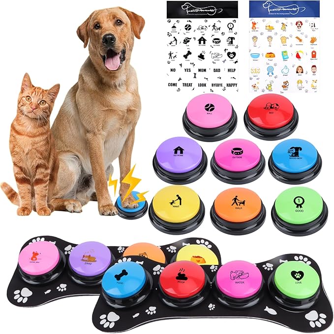 Dog Buttons for Communication, 8 Color Talking Button Set with 30s Recordable Voice, Pet Training Buzzers with 2 Bone-Shaped Mats & 2 Stickers, Talking Buttons for Dogs & Cats (Batteries Not Included)