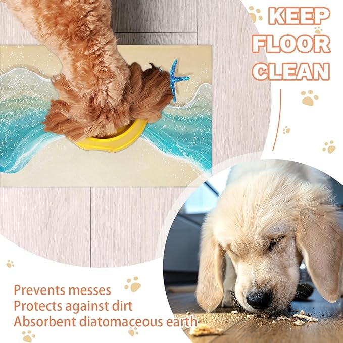 Beach Starfish Dog Food Mat for Floors Absorbent, Quick Dry Water Dispenser Mat for Food, Water, Pet Supplies 24" x 32", Nautical Coastal