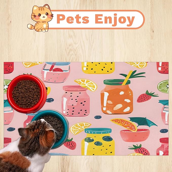 Fruit Juice Dog Food Mat for Floors Absorbent Dog Bowl Mat for Food and Water Dispenser Quick Dry Cat Food Placemat Pet Supplies 16" x 24", Summer Fruit