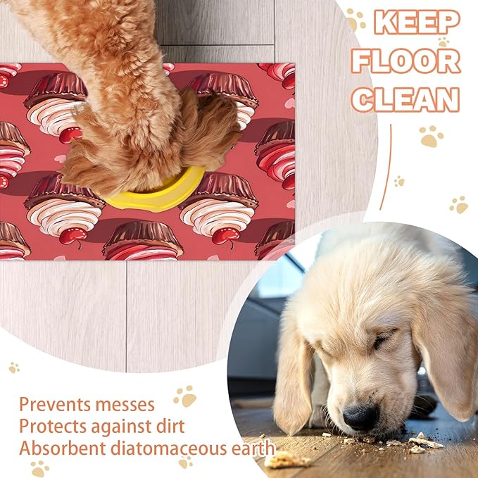 Cup Cake Dog Food Mat for Floors Absorbent Dog Bowl Mat for Food and Water Dispenser Quick Dry Cat Food Placemat Pet Supplies 17" x 30", Cherry Print