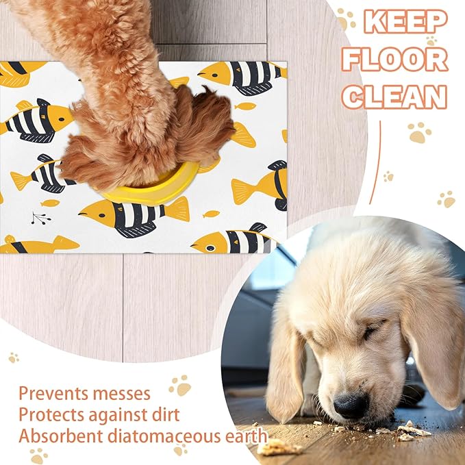 Cute Fish Dog Food Mat for Floors Absorbent Dog Bowl Mat for Food and Water Dispenser Quick Dry Cat Food Placemat Pet Supplies 12" x 20", Ocean
