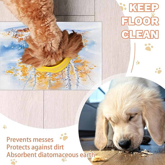 Deciduous Trees Dog Food Mat for Floors Absorbent, Quick Dry Water Dispenser Mat for Food, Water, Pet Supplies 12" x 20", Winter Scenery